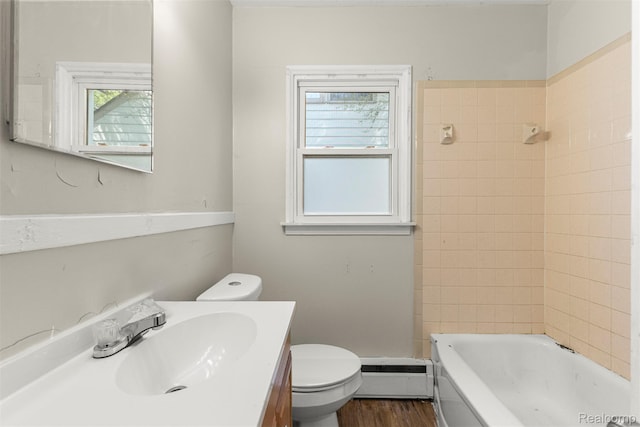 4933 Ziegler St, Dearborn Heights, MI 48125 - full bathroom with vanity, plenty of natural light, a baseboard heating unit, and wood finished floors