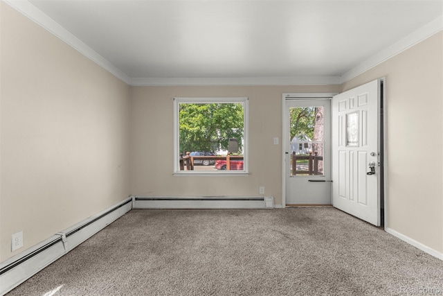 4933 Ziegler St, Dearborn Heights, MI 48125 - carpeted empty room with crown molding, baseboard heating, and a baseboard heating unit