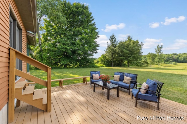 8651 22 Mile Rd NE, Sand Lake, MI 49343 - wooden terrace featuring an outdoor hangout area and a yard