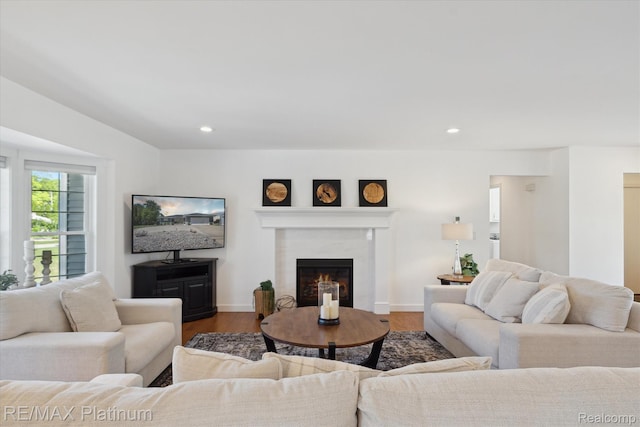 13368 N Fenton Rd, Fenton, MI 48430 - living room with wood finished floors, a premium fireplace, and recessed lighting