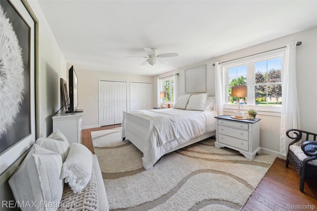 13368 N Fenton Rd, Fenton, MI 48430 - bedroom featuring two closets, light wood-type flooring, and ceiling fan