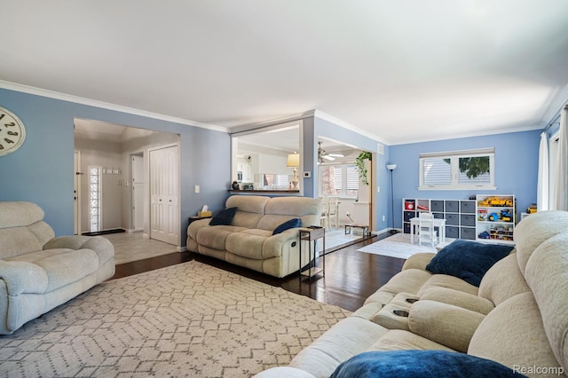 47470 Barbara Rd, Macomb, MI 48044 - living area with ornamental molding, wood finished floors, and ceiling fan