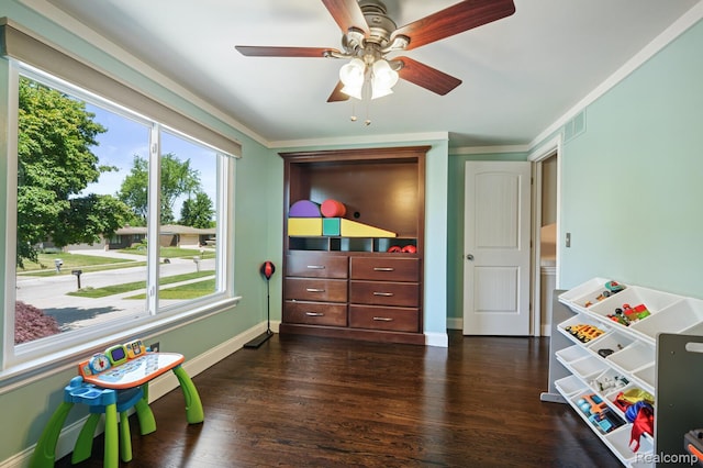 47470 Barbara Rd, Macomb, MI 48044 - playroom featuring plenty of natural light, dark wood finished floors, ceiling fan, and crown molding