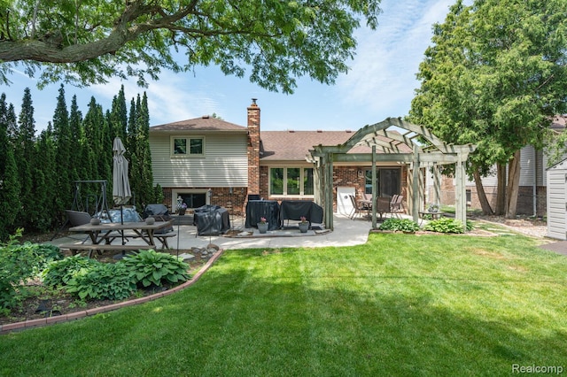 47470 Barbara Rd, Macomb, MI 48044 - back of house with a pergola, a patio area, brick siding, a chimney, and a lawn