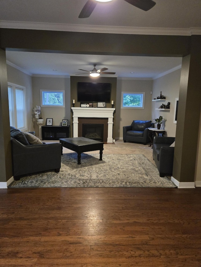 14415 Manor Rd, Grand Haven, MI 49417 - living area with ceiling fan, healthy amount of natural light, wood finished floors, and crown molding