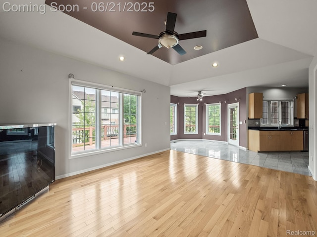 1539 Bartley Ln, Bloomfield Hills, MI 48304 - unfurnished living room with light wood-style flooring, a ceiling fan, and recessed lighting