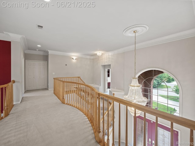 1539 Bartley Ln, Bloomfield Hills, MI 48304 - corridor featuring an upstairs landing, crown molding, carpet flooring, recessed lighting, and a chandelier