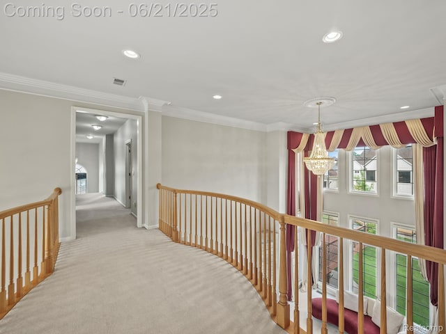 1539 Bartley Ln, Bloomfield Hills, MI 48304 - hall featuring an upstairs landing, carpet floors, recessed lighting, crown molding, and a chandelier