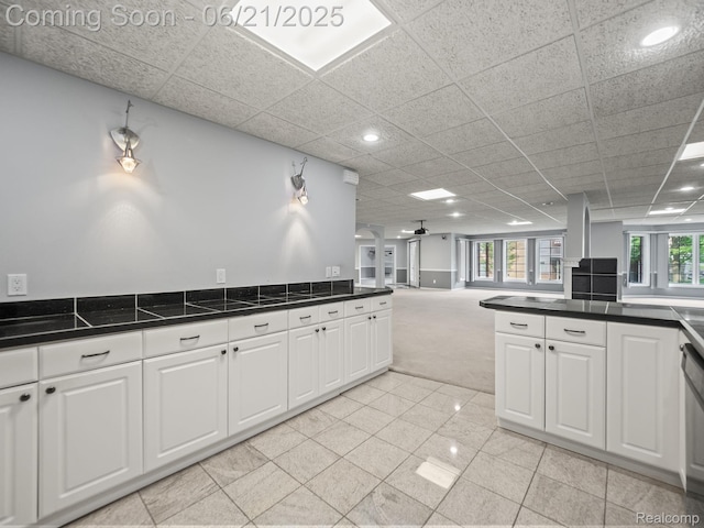 1539 Bartley Ln, Bloomfield Hills, MI 48304 - kitchen with decorative columns, white cabinets, dark countertops, recessed lighting, and a drop ceiling