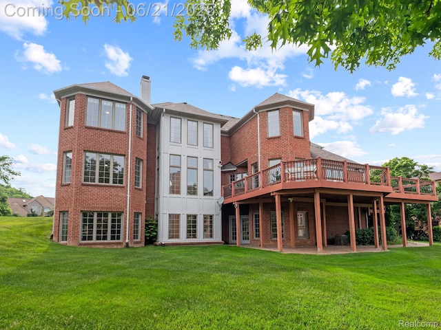 1539 Bartley Ln, Bloomfield Hills, MI 48304 - back of property featuring brick siding, a yard, a wooden deck, and a chimney