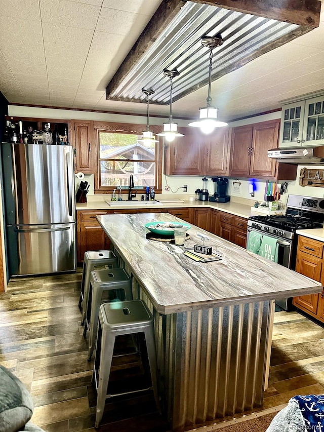 24579 US Highway 23 N, Ocqueoc, MI 49759 - kitchen featuring appliances with stainless steel finishes, under cabinet range hood, dark wood-style floors, and light countertops