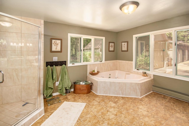 5254 Morrison St, Newaygo, MI 49337 - full bathroom with a tub with jets, a shower stall, and a baseboard heating unit
