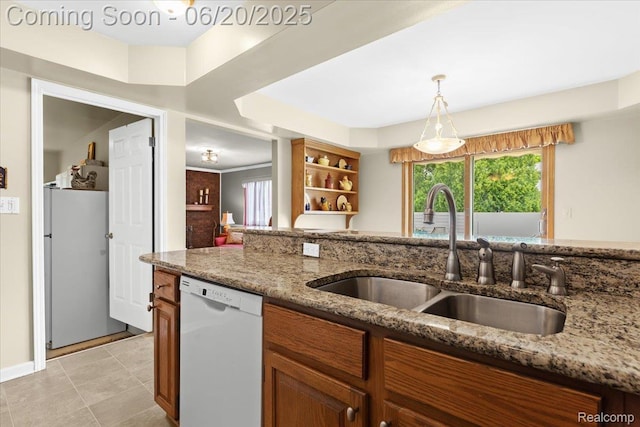 43603 Arlington Rd, Canton, MI 48187 - kitchen with white appliances, plenty of natural light, open shelves, and light stone counters