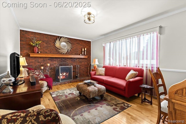 43603 Arlington Rd, Canton, MI 48187 - living room with wood finished floors, a brick fireplace, and crown molding