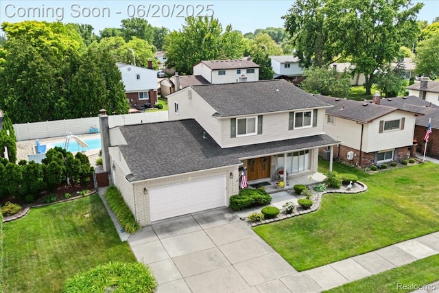 43603 Arlington Rd, Canton, MI 48187 - traditional home featuring driveway, a residential view, roof with shingles, a chimney, and a porch