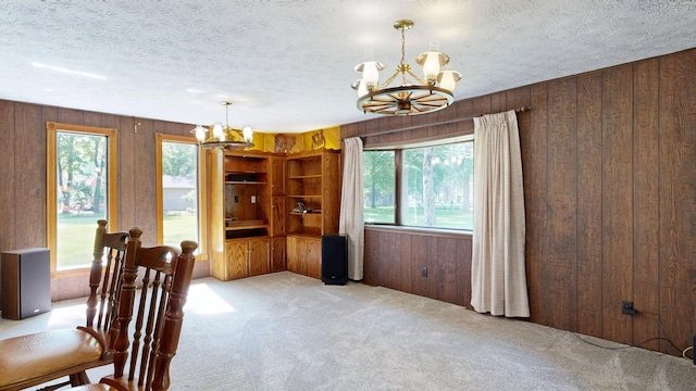 5724 E Townline Rd, Birch Run, MI 48415 - carpeted dining space featuring a chandelier, wood walls, and a textured ceiling