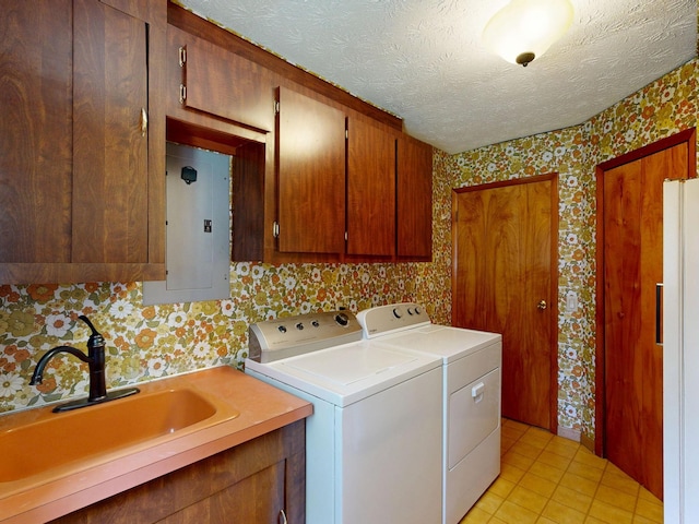 5724 E Townline Rd, Birch Run, MI 48415 - washroom featuring cabinet space, wallpapered walls, washer and clothes dryer, electric panel, and a textured ceiling