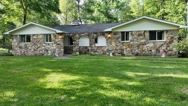 5724 E Townline Rd, Birch Run, MI 48415 - ranch-style house with stone siding, a chimney, a front lawn, and roof with shingles
