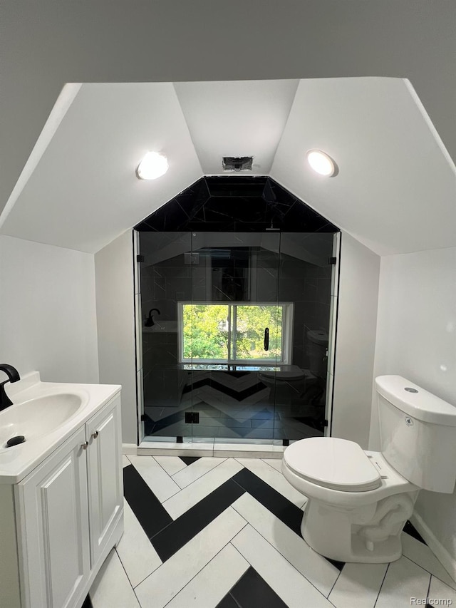 3431 Field St, Detroit, MI 48214 - full bath featuring vanity, a stall shower, tile patterned floors, lofted ceiling, and recessed lighting