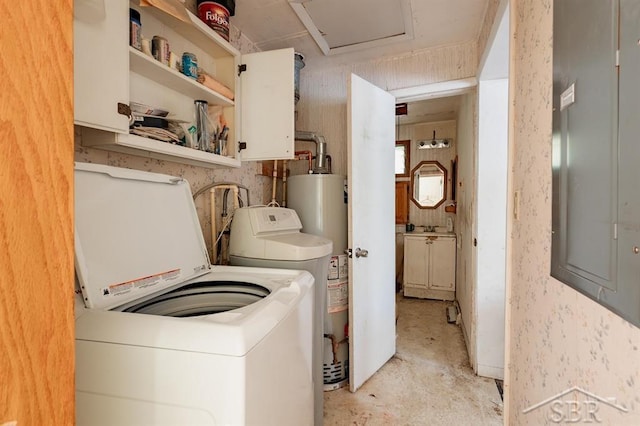2190 S Coleman Rd, Shepherd, MI 48883 - laundry room featuring electric panel, washer and clothes dryer, attic access, and water heater