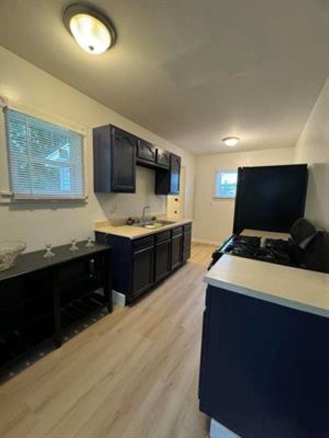 3148 Woodrow Ave, Flint, MI 48506 - kitchen with light wood finished floors, light countertops, refrigerator, dark cabinets, and gas range oven