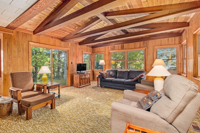 6253 Loggers Ln, Ludington, MI 49431 - living room featuring healthy amount of natural light, wooden walls, light carpet, and wooden ceiling