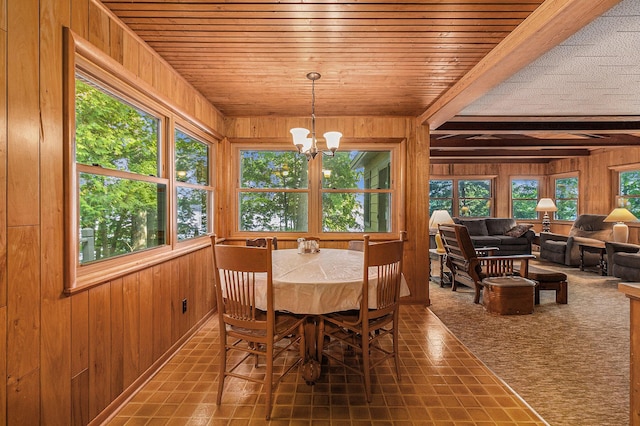 6253 Loggers Ln, Ludington, MI 49431 - dining area featuring wood walls, a wooden ceiling with exposed beams, and a chandelier