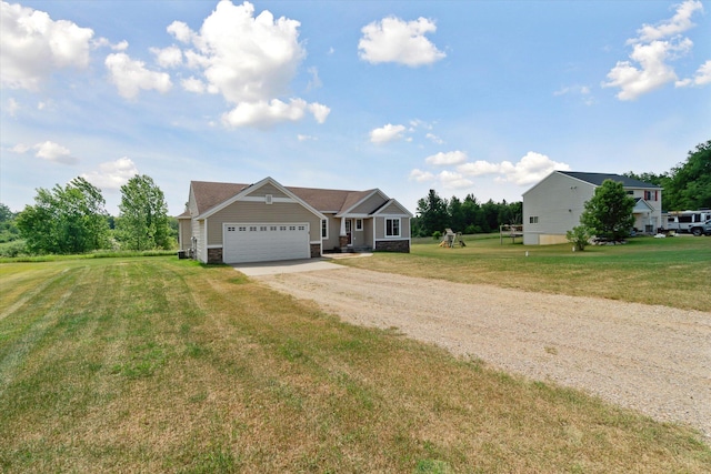 14704 Crescent Meadows Dr, Cedar Springs, MI 49319 - view of front of house featuring dirt driveway, an attached garage, a front yard, and stone siding