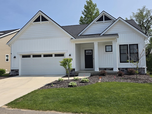 3076 Brayridge Dr, Jenison, MI 49428 - modern farmhouse style home with board and batten siding, a garage, a front lawn, concrete driveway, and roof with shingles