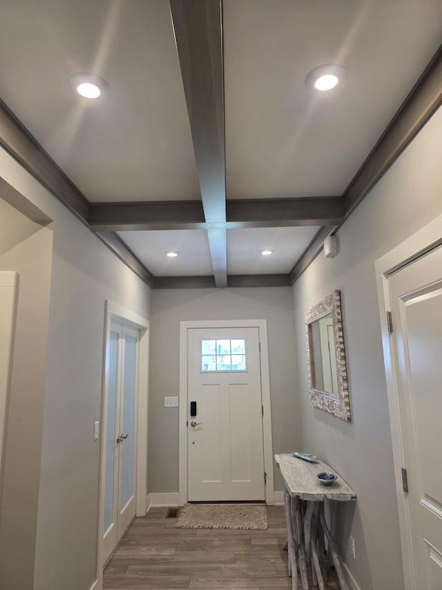 3076 Brayridge Dr, Jenison, MI 49428 - entrance foyer with wood finished floors, beam ceiling, coffered ceiling, and recessed lighting