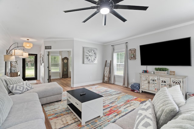 14846 Portage Rd, Vicksburg, MI 49097 - living room featuring healthy amount of natural light, ornamental molding, light wood-style flooring, and a ceiling fan
