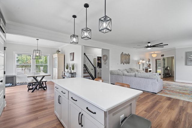 14846 Portage Rd, Vicksburg, MI 49097 - kitchen featuring crown molding, a kitchen island, hanging light fixtures, wood finished floors, and light countertops