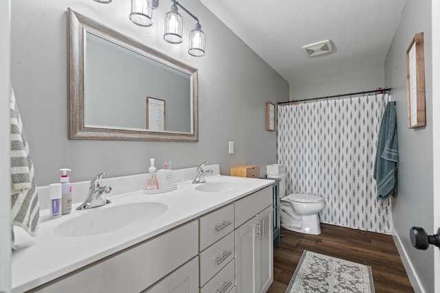 14846 Portage Rd, Vicksburg, MI 49097 - full bathroom with wood finished floors, double vanity, and a shower with curtain