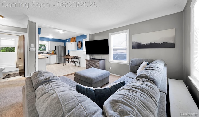 22410 Glen Ct, Saint Clair Shores, MI 48080 - living room with light carpet, a textured ceiling, and light tile patterned floors