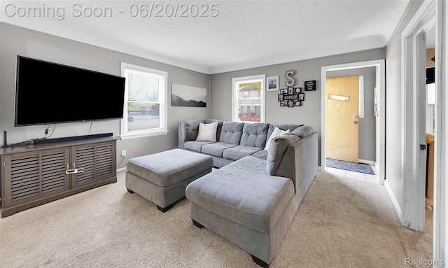 22410 Glen Ct, Saint Clair Shores, MI 48080 - carpeted living room featuring a textured ceiling and baseboards