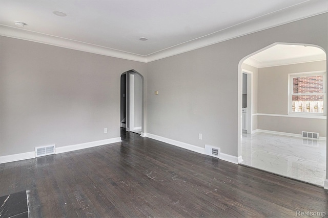 5766 Nottingham Rd, Detroit, MI 48224 - empty room featuring arched walkways, crown molding, wood finished floors, and a smoke detector