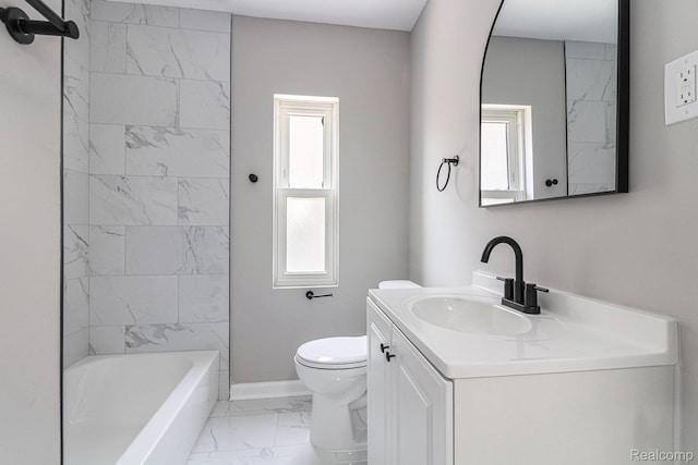 5766 Nottingham Rd, Detroit, MI 48224 - bathroom featuring marble look tiles, vanity, and washtub / shower combination