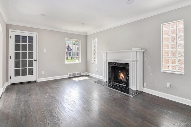 5766 Nottingham Rd, Detroit, MI 48224 - unfurnished living room with wood finished floors, a fireplace, and crown molding
