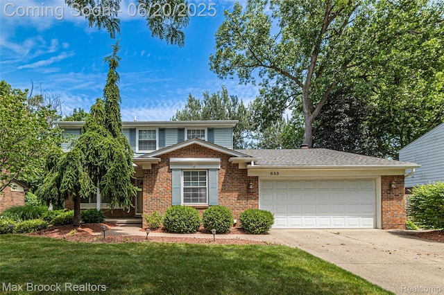 683 Thurber Dr, Troy, MI 48085 - traditional-style home with brick siding, concrete driveway, a garage, and a front lawn