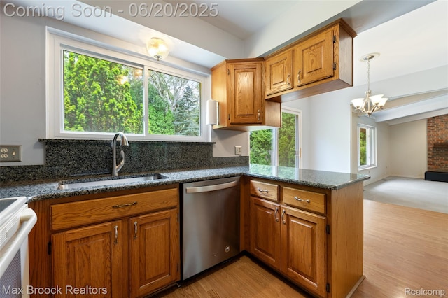 683 Thurber Dr, Troy, MI 48085 - kitchen with stainless steel dishwasher, a chandelier, brown cabinets, decorative backsplash, and range