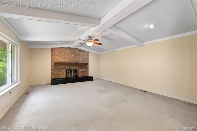 683 Thurber Dr, Troy, MI 48085 - unfurnished living room with a ceiling fan, carpet flooring, and a brick fireplace