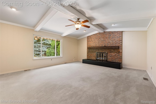 683 Thurber Dr, Troy, MI 48085 - unfurnished living room with carpet, a fireplace, and ceiling fan