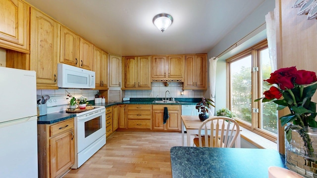 3126 Bolgos Cir, Ann Arbor, MI 48105 - kitchen with white appliances, decorative backsplash, light wood-style flooring, dark countertops, and light brown cabinets