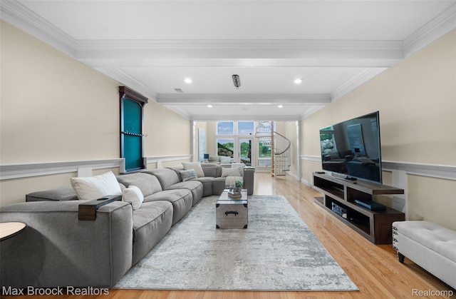 6510 Commerce Rd, West Bloomfield, MI 48324 - living room with wood finished floors, beam ceiling, crown molding, recessed lighting, and french doors
