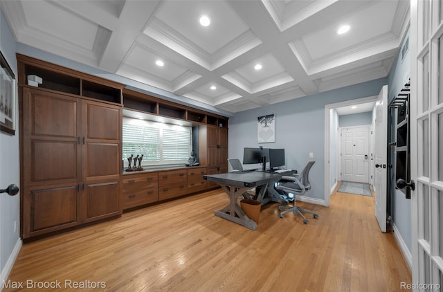 6510 Commerce Rd, West Bloomfield, MI 48324 - office area featuring beamed ceiling, light wood-style flooring, coffered ceiling, and recessed lighting