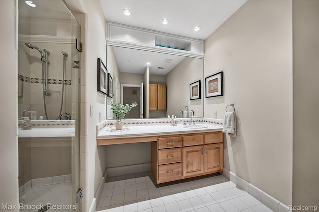 6510 Commerce Rd, West Bloomfield, MI 48324 - full bathroom featuring a shower stall, double vanity, tile patterned floors, and recessed lighting