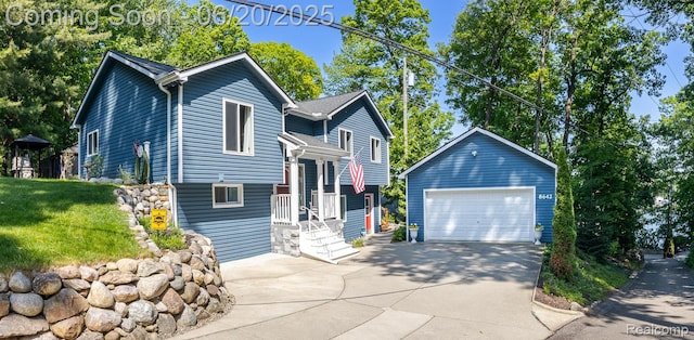 8642 Thendara Blvd, Clarkston, MI 48348 - view of front of house with a garage and an outdoor structure