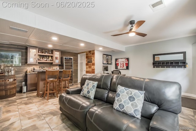 8642 Thendara Blvd, Clarkston, MI 48348 - cinema featuring wet bar, a ceiling fan, recessed lighting, ornamental molding, and wine cooler