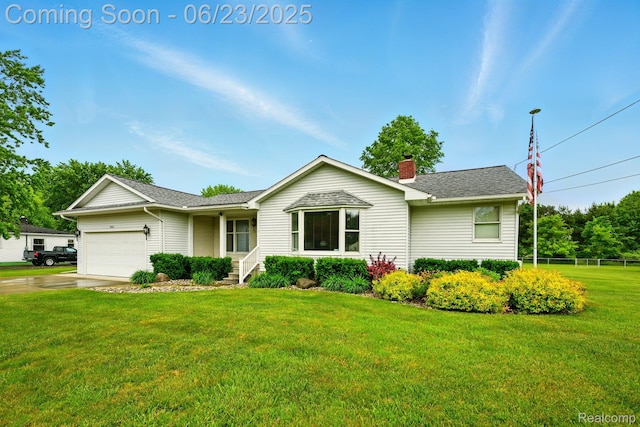 2441 Cheryl Ann Dr, Burton, MI 48519 - ranch-style home with a garage, a front yard, a chimney, concrete driveway, and roof with shingles