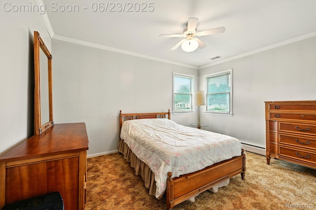 2441 Cheryl Ann Dr, Burton, MI 48519 - bedroom featuring crown molding, a baseboard radiator, carpet flooring, and ceiling fan